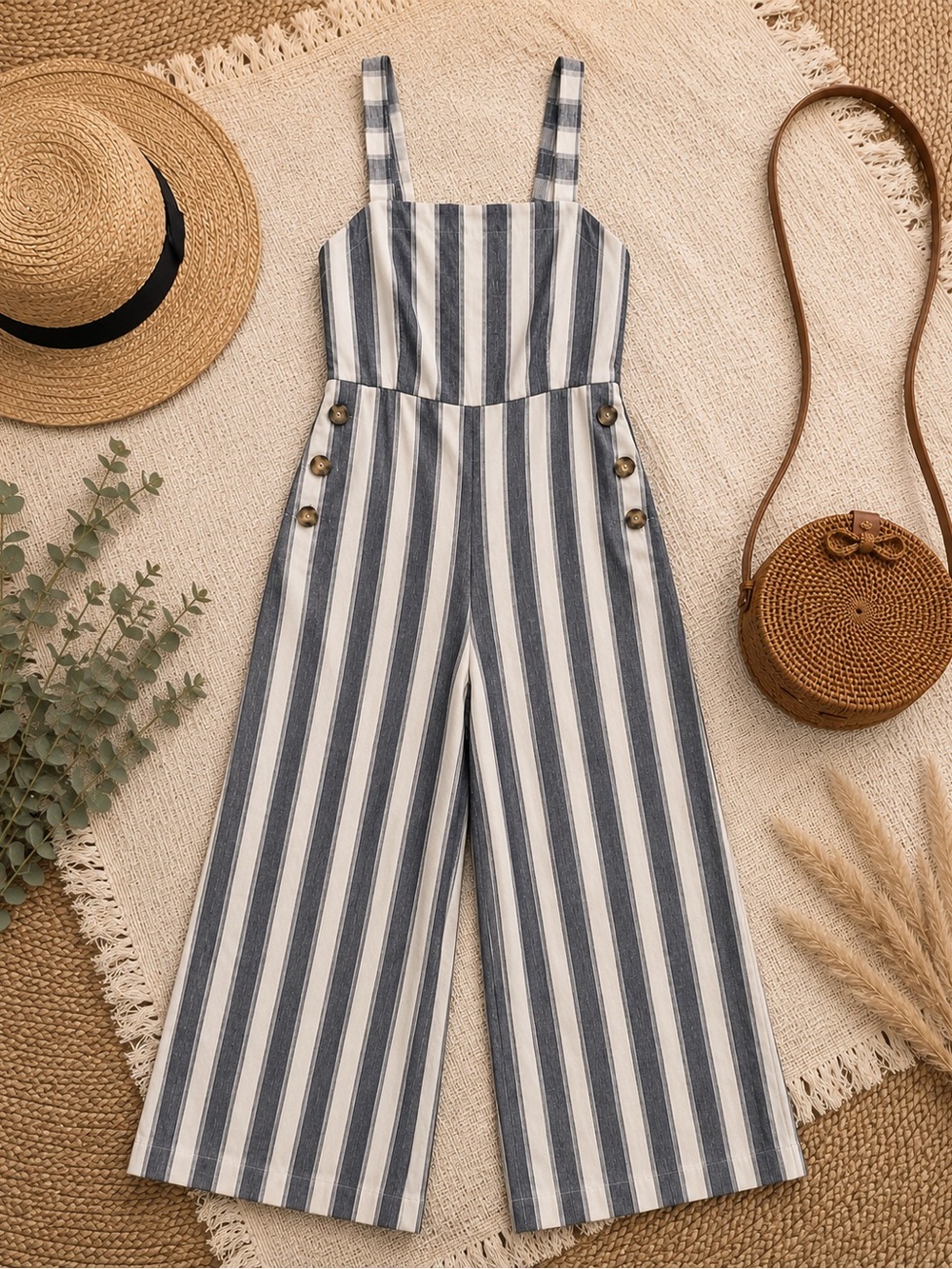 Striped Wide-Leg Jumpsuit - Navy & White